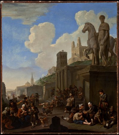 A Street Scene with a Capriccio of Roman Buildings by Johannes Lingelbach