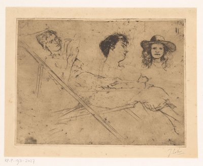 Study of a Woman in a Deck Chair and Two Heads by Johannes Löhr