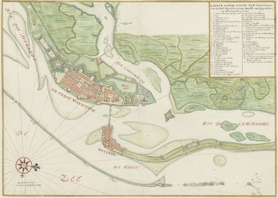 Watercolour chart of the city of Recife (Brazil) in the 17th century by Johannes Vingboons