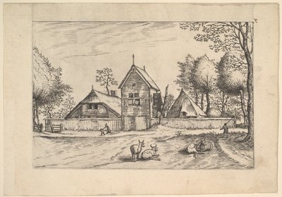 Farmstead, Cows and Herdsman in the Foreground from Praediorum Villarum et Rusticar by Johannes van Doetecum I