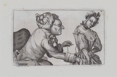 Man sews girl into corset (engraving) by John  Collier