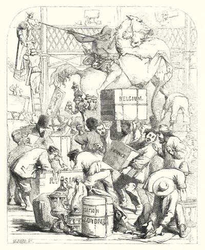 Arrival of goods to be exhibited at the Great Exhibition of 1851, Crystal Palace, Hyde Park, London by John (after) Gilbert