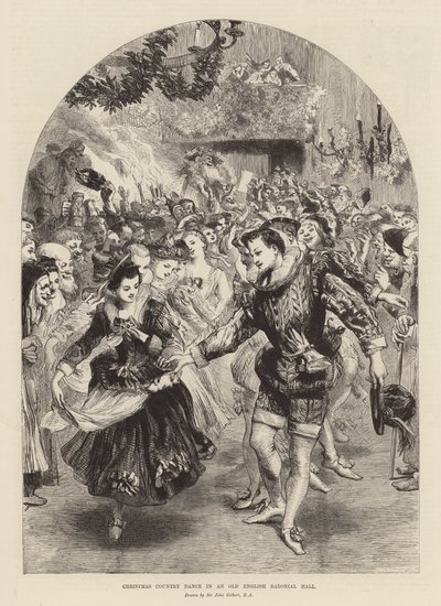 Christmas country dance in an old English baronial hall by John (after) Gilbert
