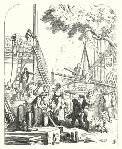 Workmen on the site of the Crystal Palace, Hyde Park, London, venue of the Great Exhibition of 1851 by John (after) Gilbert