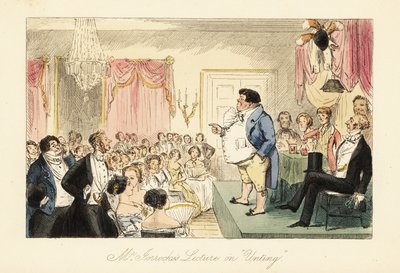 English grocer giving a lecture on hunting in a large room in the Dragon tavern by John (after) Leech