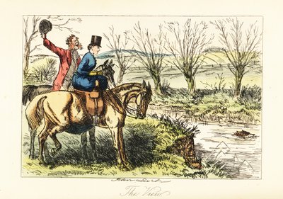 English huntsman and lady watching a fox swim across a river by John (after) Leech