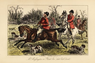English huntsman dragged in the middle of the hounds by his headstrong horse by John (after) Leech