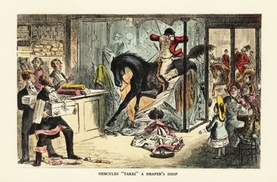 Horse and drunk huntsman crashing through a shop window by John (after) Leech