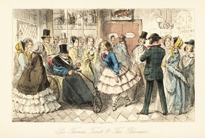 Old gentleman with gout in an invalid chair talking with a young woman in bloomers by John (after) Leech