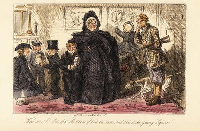 Sporting man with gun, gaiters and hound surprised by his guests by John (after) Leech