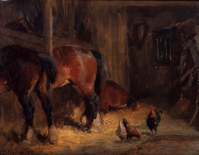 A Stable Interior with Horses and Chickens by John Atkinson