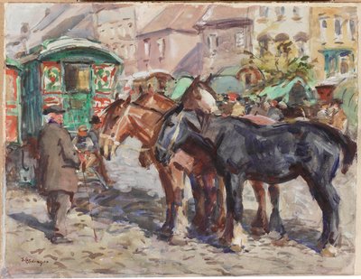 Black Horse with Houses in Background by John Atkinson