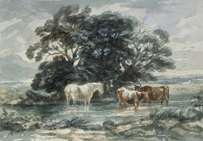 Landscape, Two Cows and a Horse Standing in Water by John Barker