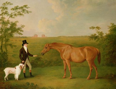 A Gentleman with a White Dog and a Chestnut Mare in a Landscape by John Boultbee