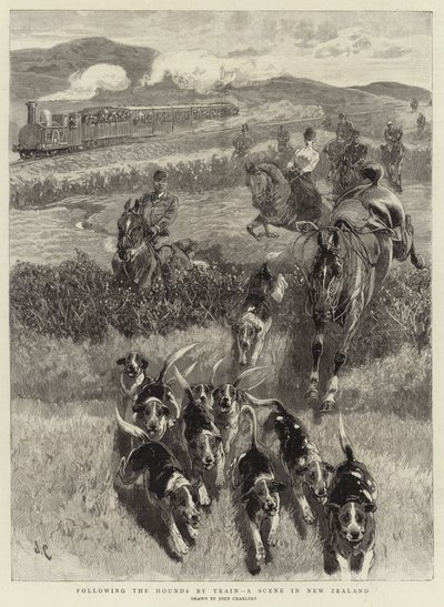 Following the Hounds by Train, a scene in New Zealand by John Charlton