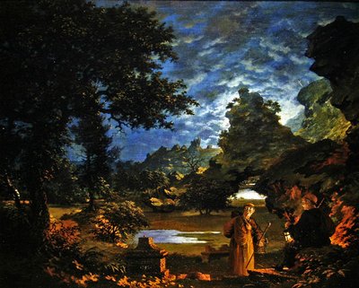 Monks with a Lantern in a Rocky Moonlit Landscape by John Cranch