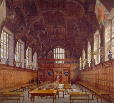 Interior view of Middle Temple Hall from the high table with figures, London, 1884 by John Crowther