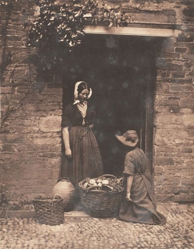Two Women, One Kneeling and One Standing, Looking into Basket Filled with Vegetables by John Dillwyn Llewelyn