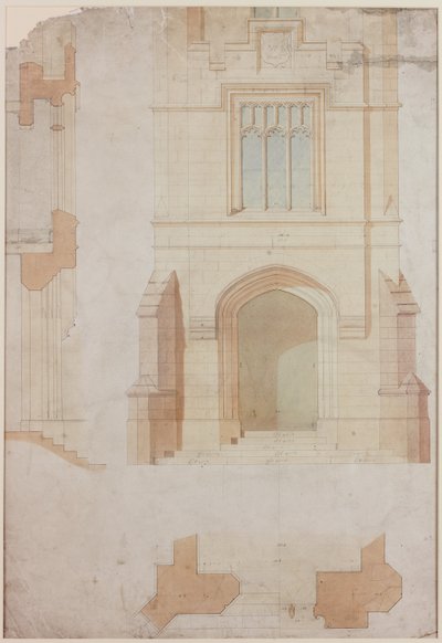 Elevation, Section and Plan of the Main Entrance of Holme Eden by John Dobson