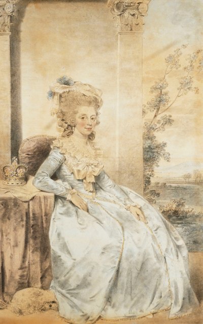 Portrait of Queen Charlotte, Seated by a Table with a Landscape Beyond by John Dowman