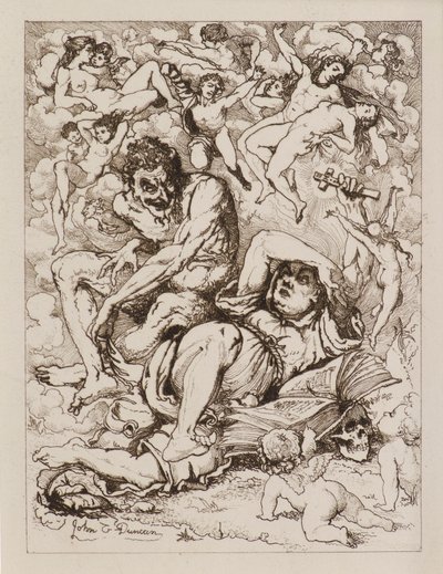 Reclining Figure Holding Cross, the Devil Sitting nearby Surrounded by Floating Figures by John Duncan