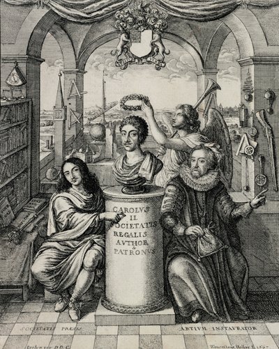 Charles II (1630-85) as Patron of the Royal Society, Engraved by Wenceslaus Hollar, 1667 by John Evelyn