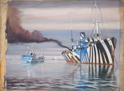 S.S. Lepanto and Another Steam Vessel, Both Dazzle-Painted, Anchored in Calm Water by John Everett