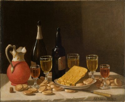 Still Life with Bottles, Wine, and Cheese by John F. Francis