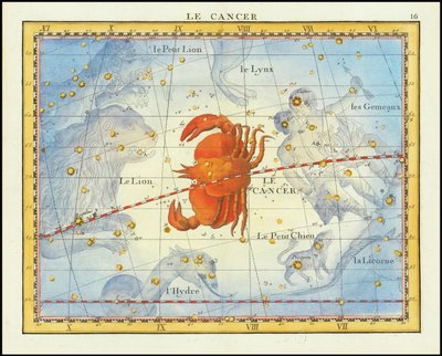 1776 chart of the constellation Cancer and neighboring constellations by John Flamsteed