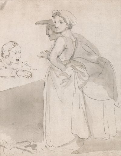 Two Women Talking to a Man at a Counter by John Flaxman