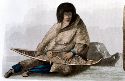 Copper Indian girl mending snow shoe by John Franklin