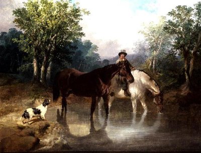 Two Horses, a Man and a Dog by a Stream by John Frederick Herring Jnr