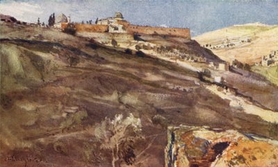 Jerusalem, South Wall of the Temple Area, from the Valley of Hinnom, at Sunset by John Fulleylove