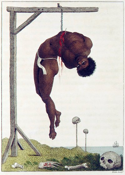 A black person hung alive by the Ribs to a Gallows, pub. 1796 by John Gabriel Stedman