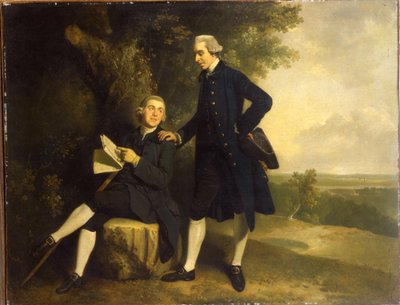 Double Portrait of Thomas Somers Cocks and Richard Cocks of Castleditch, Both Small Full-Length, the Former in a Blue Coat and Waistcoat Holding a Black Tricorn, the Latter Seated in a Blue Coat and Waistcoat Holding a Manuscript, in a Landscape by John Hamilton Mortimer