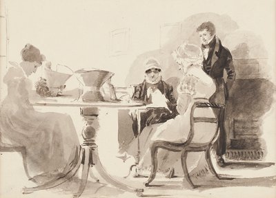 Man standing at a table with three seated women by John Harden
