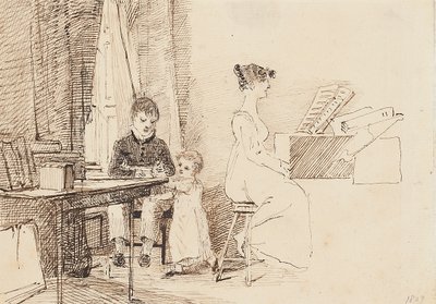 Two children and a woman at the piano, 1807 by John Harden