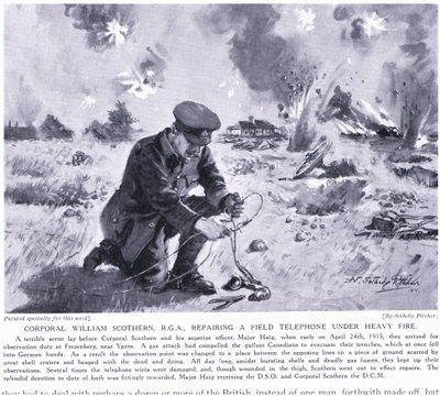 Corporal William Scothern RGA Repairing a Field Telephone Under Heavy Fire, Awarded DCM Ypres May 1915 by John Harris Valda