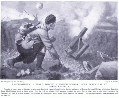 Lance Corporal P McNee working a trench mortar under heavy fire at Neuve Chapelle by John Harris Valda