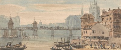 Basel, Bridge Center, Quayside, with Figures and Shipping Right, with Cathedral Rising behind Buildings by John Henderson