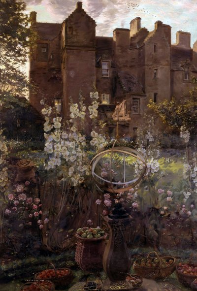 Kellie Castle, Fife, Scotland. Scottish castle with still life of sculpture and fruit basket in the foreground. Painting by John Henry Lorimer. Private collection by John Henry Lorimer