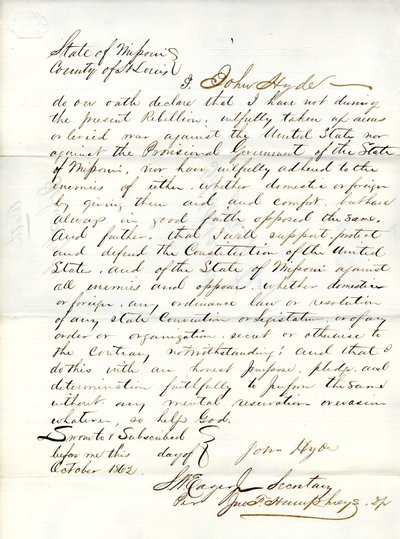 Loyalty oath of John Hyde of Missouri, County of St. Louis by John Hyde