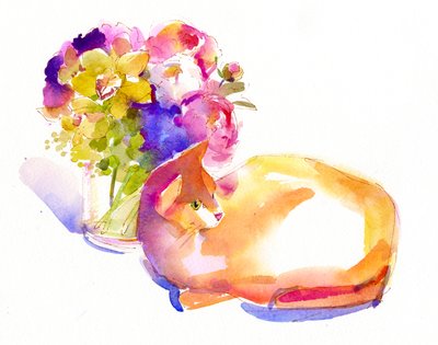 Orange cat with Flowers, 2014 by John Keeling