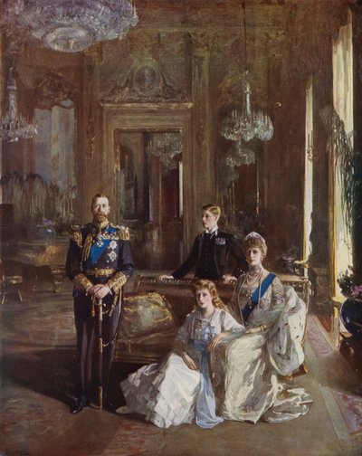 King George V, Queen Mary, the Prince of Wales and Princess Mary in the White Drawing Room, Buckingham Palace, London, 1913 by John Lavery
