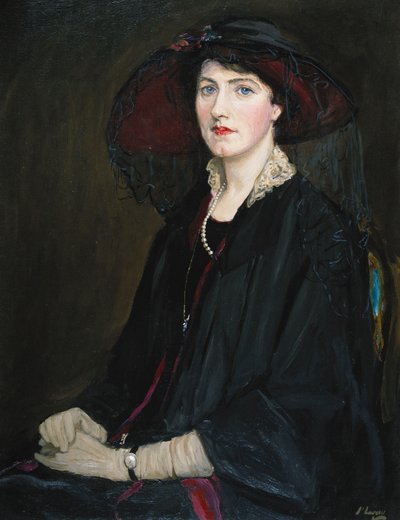 Portrait of Lady Raeburn, Seated Half Length, in a Lace Collared Jacket, Pearl Necklace and Black Hat by John Lavery