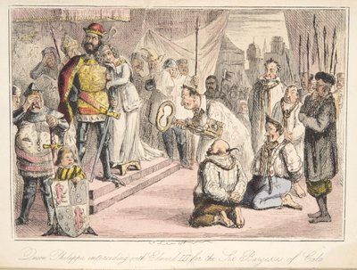 Queen Philippa interceding with Edward III for the Six Burgesses of Calais, from The Comic History of England by John Leech