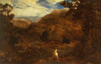 An Extensive Mountainous Wooded Landscape with David and the Lion by John Linnell