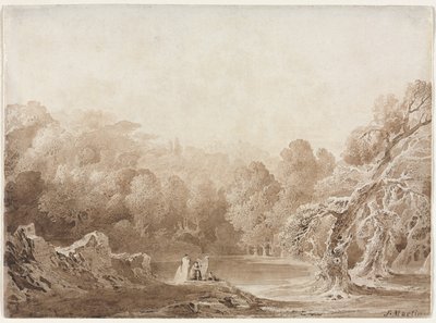 A Man Playing a Harp with other Figures beside a Lake by John Martin