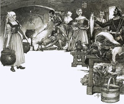 Cooking over an open fire in an Elizabethan kitchen by John Millar Watt