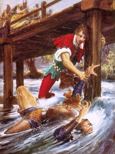 Robin Hood rescuing Little John from a river by John Millar Watt